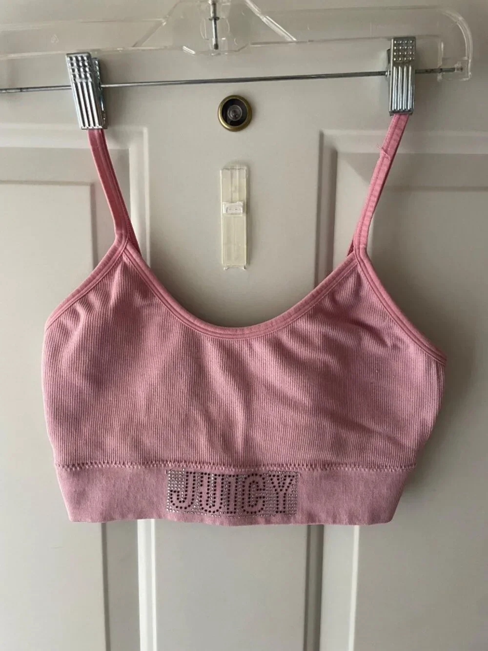 Y2K Juicy Couture Rhinestone Spellout Sports Bra Pale Pink M Adjustable Glam